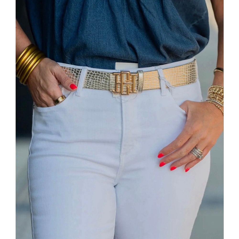 Caroline Hill Bridgette Gold Croc-Embossed Belt w/ Statement Logo NWT